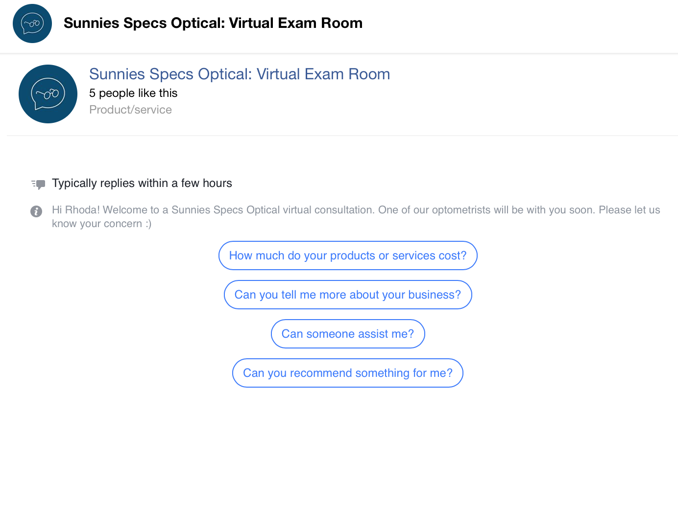 Sunnies Specs Virtual Exam Room on Facebook Messenger