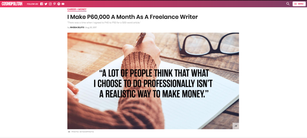 I Make P60,000 A Month As A Freelance Writer, an article in Cosmopolitan Philippines about being a freelancer in the Philippines by Rhoda Dejito