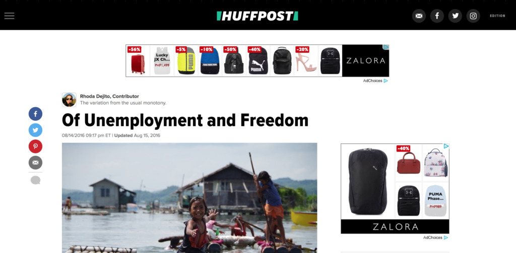 Of Unemployment and Freedom, a HuffPost article about being a freelancer in the Philippines by Rhoda dejito